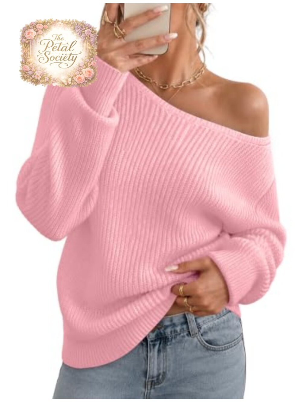 Women's Off Shoulder Sweater Long Sleeve Crochet Knit Pullover